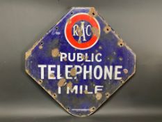 An RAC Public Telephone 1 Mile lozenge shaped enamel sign, by Bruton of Palmers Green, 26 x 26".