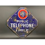 An RAC Public Telephone 1 Mile lozenge shaped enamel sign, by Bruton of Palmers Green, 26 x 26".