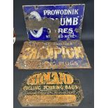 A Prowodnik Columb Tyres double sided enamel sign by Bruton, 20 x 12", a Champion Spark Plugs