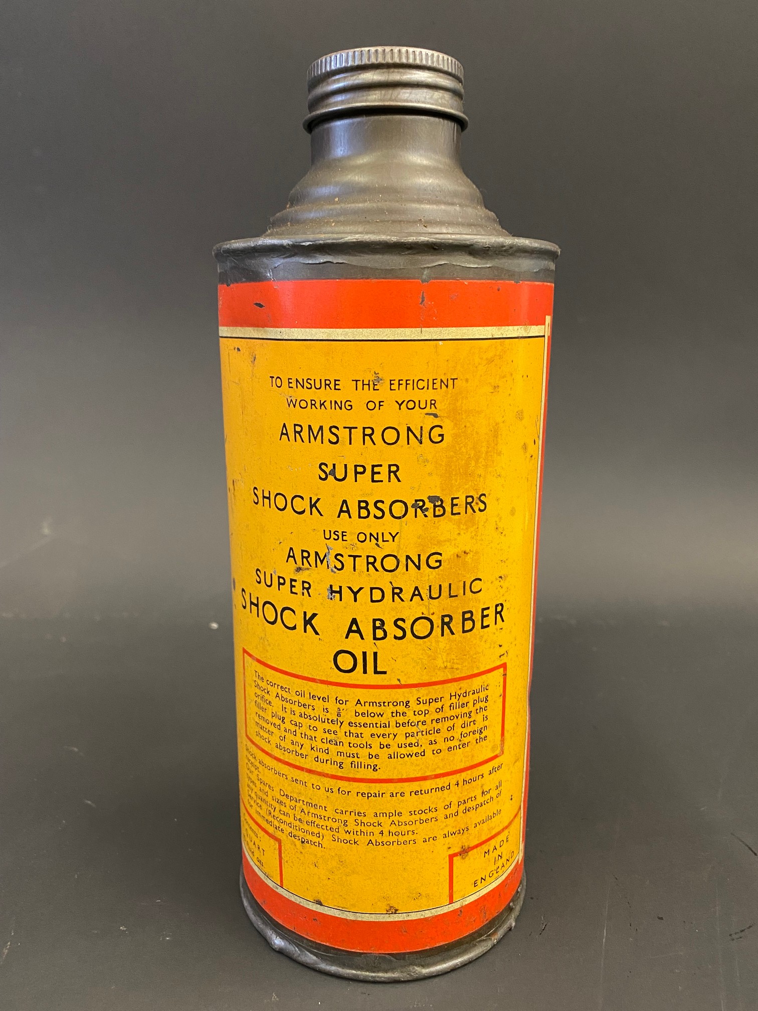 A rare Armstrong Super Hydraulic Shock Absorber Oil cylindrical quart can. - Image 3 of 6