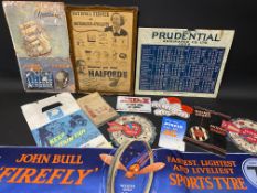 A selection of garage related ephemera including showcards, a John Bull 'Firefly' window poster, a