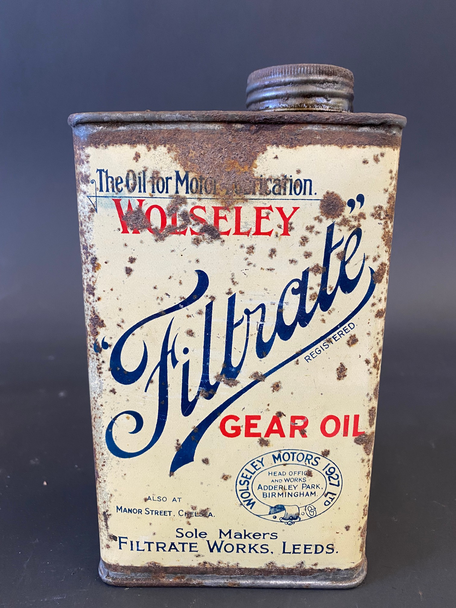 A Filtrate 'Wolseley Gear Oil' quart can.