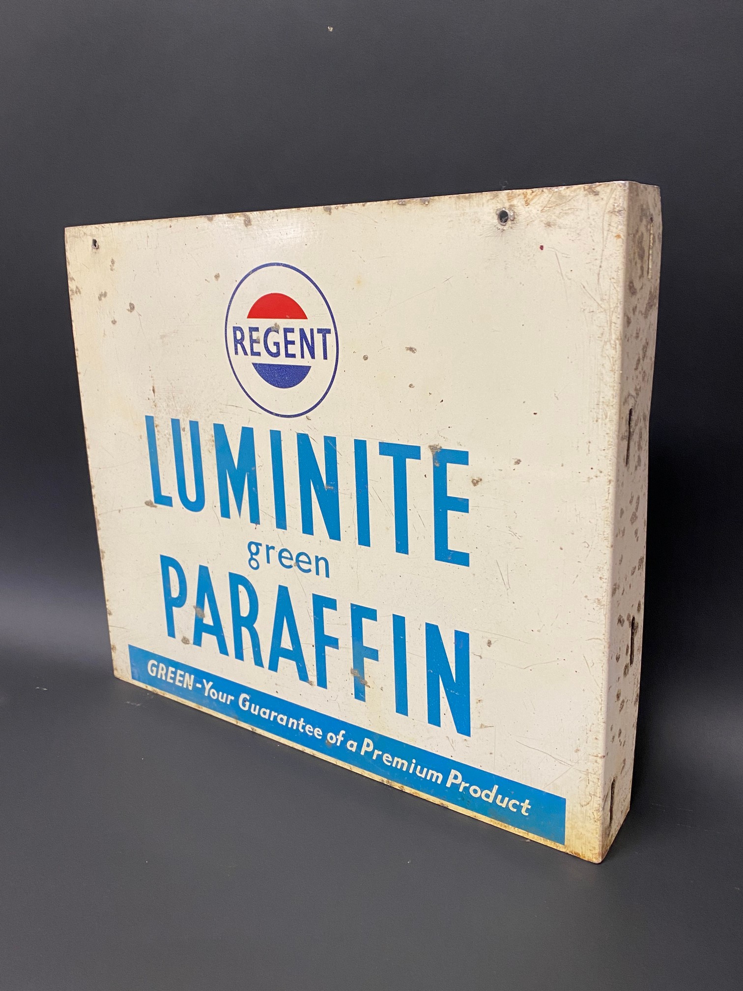 A small Regent Luminite green Paraffin double sided aluminium advertising sign with hanging flange - Image 2 of 3