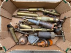 A box of assorted brass oilers etc.