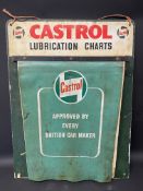 A Castrol Lubrication Charts board with a set of hanging charts attached.