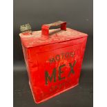 A Mex Motor Spirit two gallon petrol can with brass plate to the handle and correct brass cap.