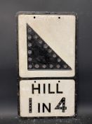 An aluminium road sign for Hill 1 in 4, with integral glass reflective discs and beads, 12 x 21