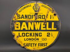 An AA circular yellow and black enamel road/village sign for Banwell, made by Franco, 30" diameter.