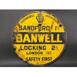 An AA circular yellow and black enamel road/village sign for Banwell, made by Franco, 30" diameter.