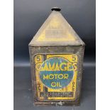 A Gamages Motor Oil five gallon pyramid can.