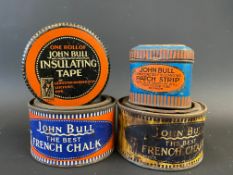 Two John Bull French Chalk tins with paper labels, a John Bull Insulating Tape tin and a patch strip