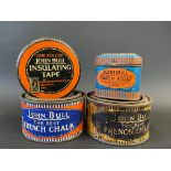 Two John Bull French Chalk tins with paper labels, a John Bull Insulating Tape tin and a patch strip