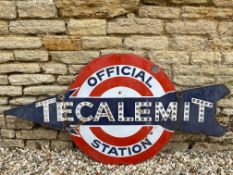 A Tecalemit Official Station directional enamel sign, with holes for reflective discs, mounted on