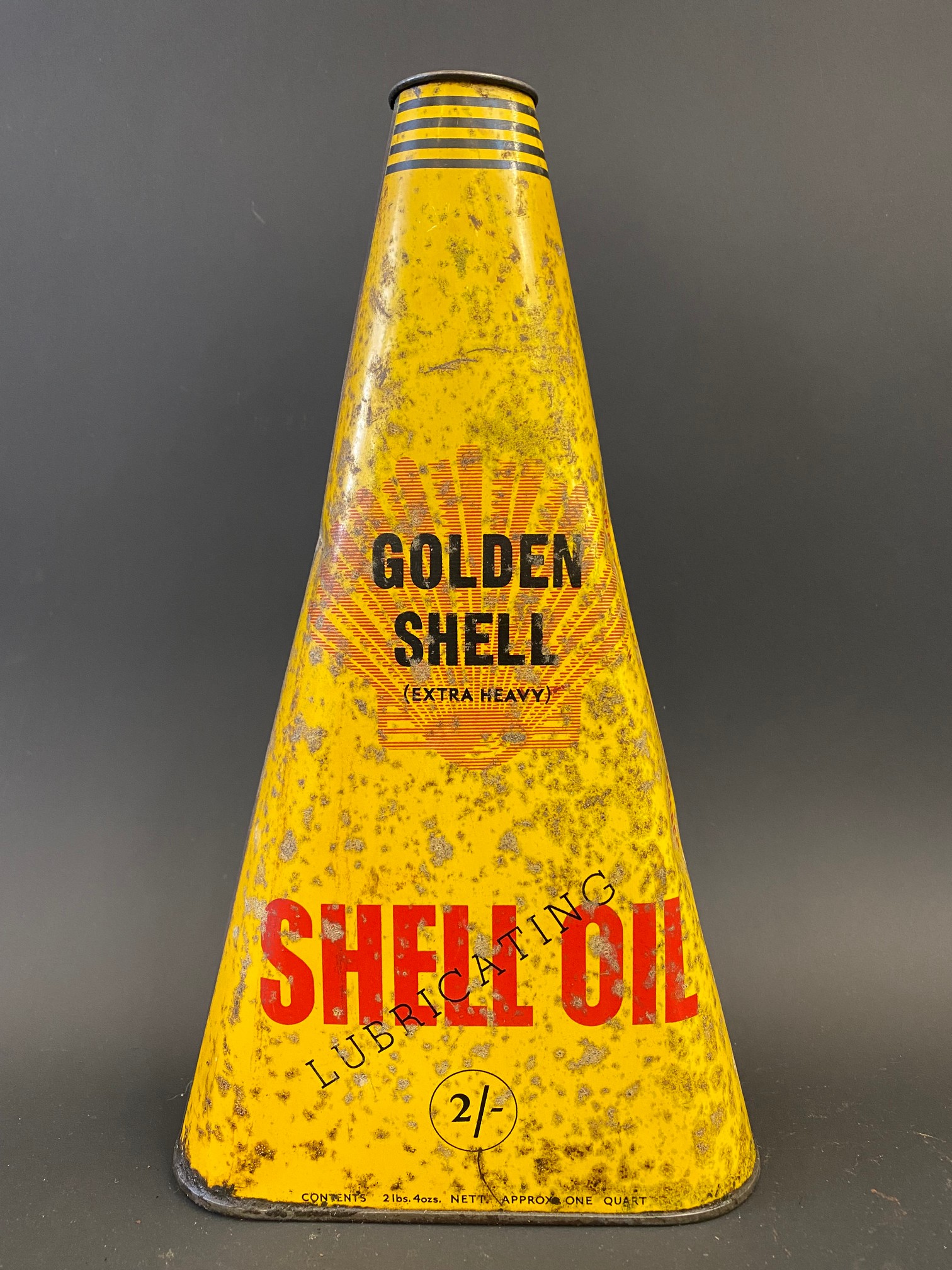 A Shell Lubricating Oil 'Golden Shell' quart triangular can with robot/stick man motifs. - Image 2 of 4