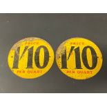 Two circular tin price indicator signs for 1'10 per quart, each 5 1/4" diameter.