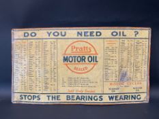 An early Pratts Motor Oil rectangular tin chart sign detailing the various grades suited which