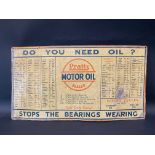 An early Pratts Motor Oil rectangular tin chart sign detailing the various grades suited which