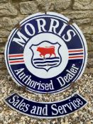 A Morris Authorised Dealer circular double sided enamel sign with 'Sales and Service' double sided