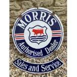 A Morris Authorised Dealer circular double sided enamel sign with 'Sales and Service' double sided