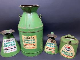 A Regent Super Green Paraffin five gallon can, a matching gallon measure lacking handle, a half
