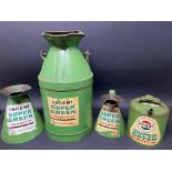 A Regent Super Green Paraffin five gallon can, a matching gallon measure lacking handle, a half