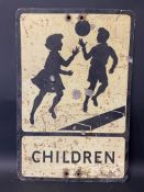 A metal road sign warning about Children, 14 x 21