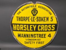 An AA circular yellow and black enamel circular village/road sign for Horsley Cross, by Franco,