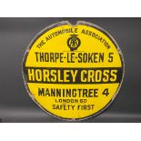 An AA circular yellow and black enamel circular village/road sign for Horsley Cross, by Franco,