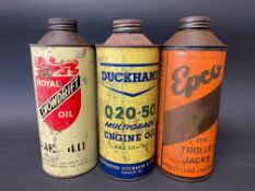 Three cylndrical quart cans including Royal Snowdrift Oil.