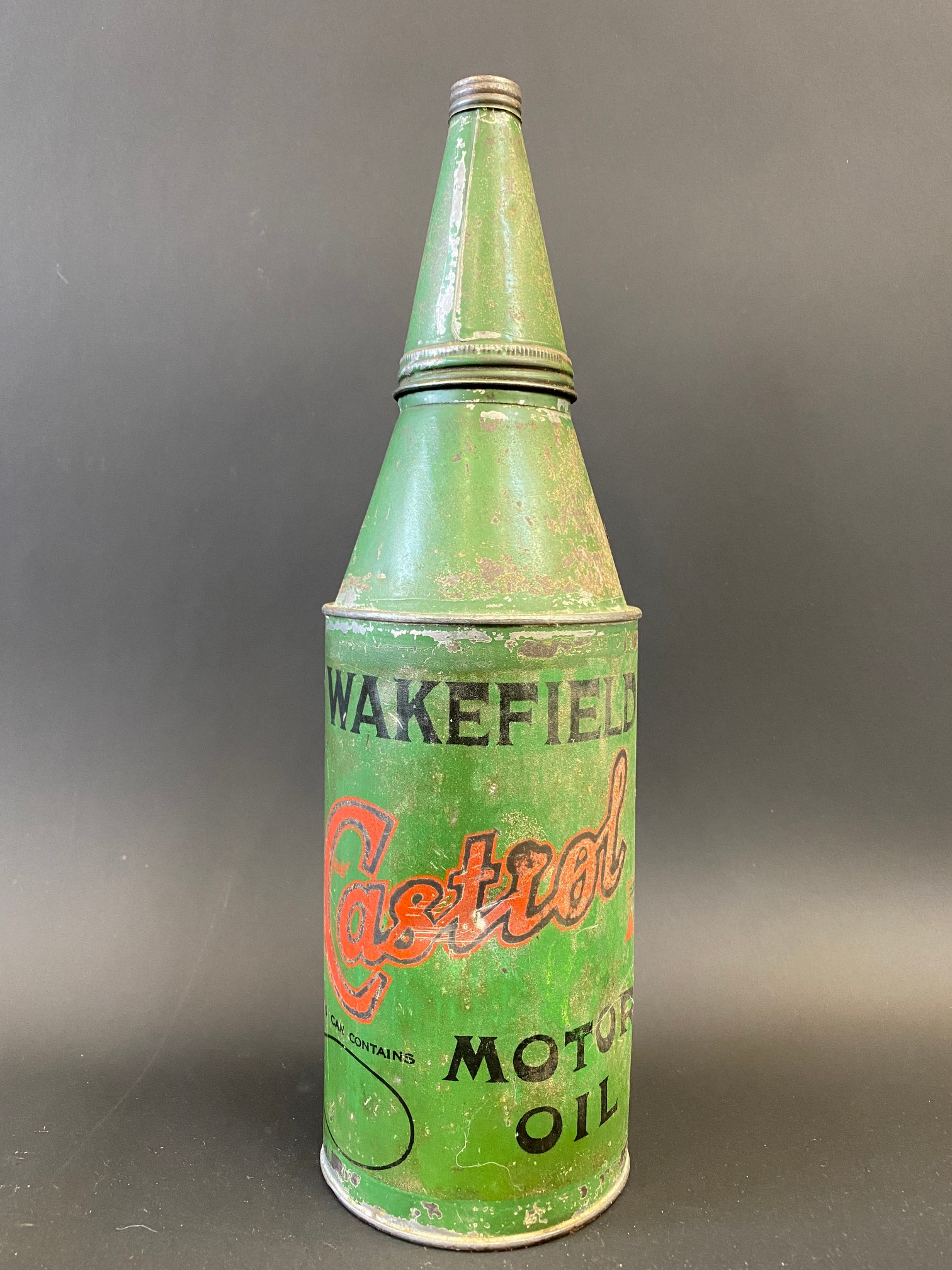 An early Wakefield Castrol Motor Oil conical quart can.