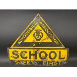 An AA Safety First enamel road warnng sign for 'School', made by Franco, 26 x 22".