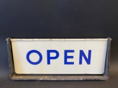 A garage forecourt spinning sign pediment for 'Open' and 'Closed', 15 3/4 x 7".
