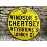 An AA circular yellow and black enamel road/village sign for Chertsey, made by Jordan of Bilston,