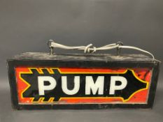 A PUMP illuminated directional lightbox, 20" w x 7" h x 5" d.