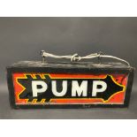 A PUMP illuminated directional lightbox, 20" w x 7" h x 5" d.