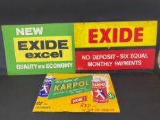 Two Exide hardboard advertising signs, both approx. 24 x 15" plus a partial Karpol pictorial