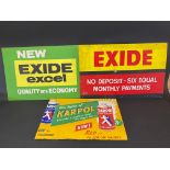 Two Exide hardboard advertising signs, both approx. 24 x 15" plus a partial Karpol pictorial