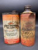 A Gargoyle Mobiloil Shock Absorber Oil oval can plus a rare Mobiloil HGL for Hypoid gears quart