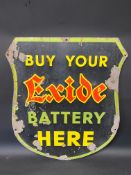 An Exide Battery shield shaped enamel sign by Stocal, 20 1/2 x 24".