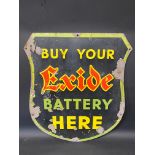 An Exide Battery shield shaped enamel sign by Stocal, 20 1/2 x 24".