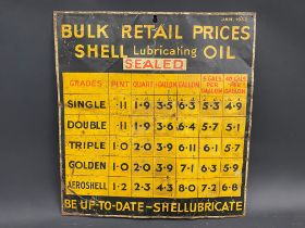A Shell Lubricatin Oil tin chart sign for mounting inside a cabinet, dated January 1932, 17 x 18".