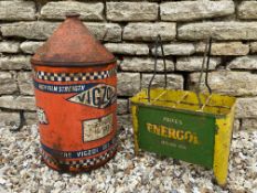 A BP Energol Motor Oil eight division bottle crate and a Vigzol five gallon drum.