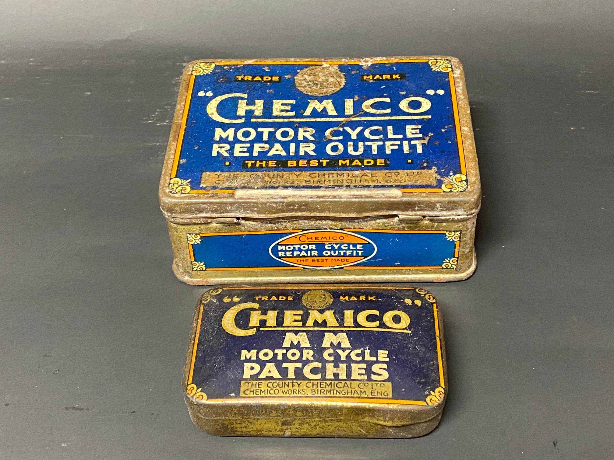 A Chemico Motor Cycle Repair Outfit tin plus a smaller tin for MM Motor Cycle Patches.