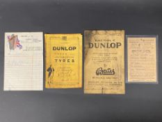 Two early Dunlop booklets including October 1917, an invoice with Dunlop advertising plus a postcard