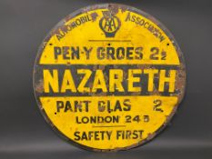 An AA circular yellow and black enamel road/village sign for Nazareth, made by Franco, older amateur