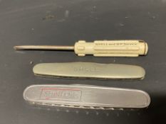 Two Shell branded penknives and a Shell & BP Service branded screwdriver.