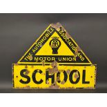 An AA & Motor Union enamel road warning sign for School by F. Francis & Co. Deptford, 26 x 21".
