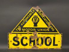 An AA & Motor Union enamel road warning sign for School by F. Francis & Co. Deptford, 26 x 21".