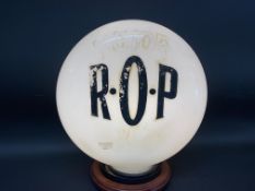 An early ROP Motor Oils pill shaped glass petrol pump globe