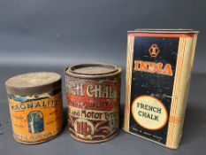 An early French Chalk 1lb tin, a Magnalite inspection lamp in tin and an India French Chalk tin.